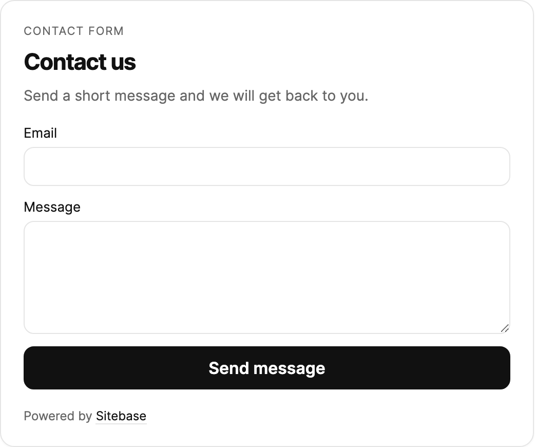 Contact form preview in the Sitebase Setup tab