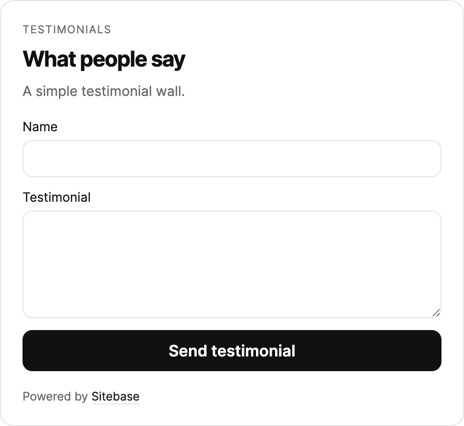 Testimonial collection form in the Sitebase dashboard